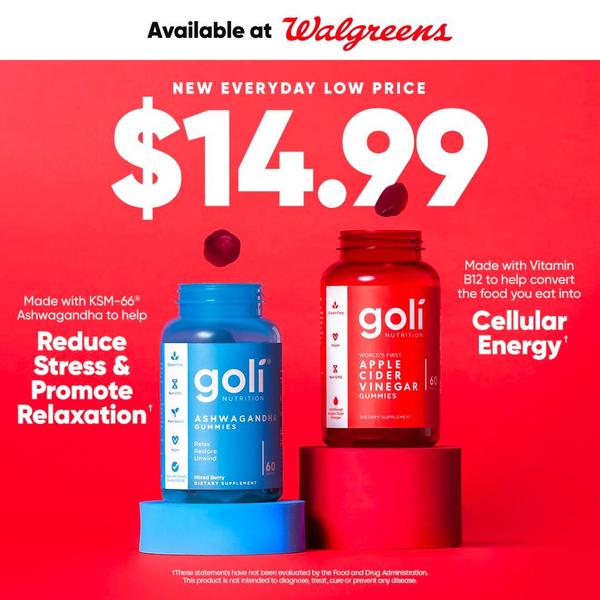 A high-contrast, product-focused ad creative featuring Goli supplements, clear pricing, and key health benefits against a bold red background.